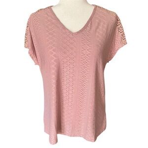 V-Neck Lace Trim Pink Casual Top Size Medium